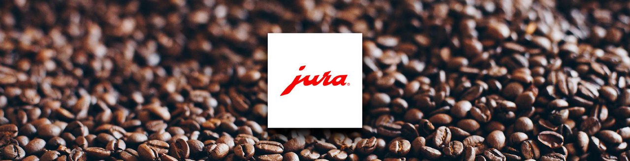 Banner mit Jura Logo auf einem Hintergrund voll Kaffeebohnen